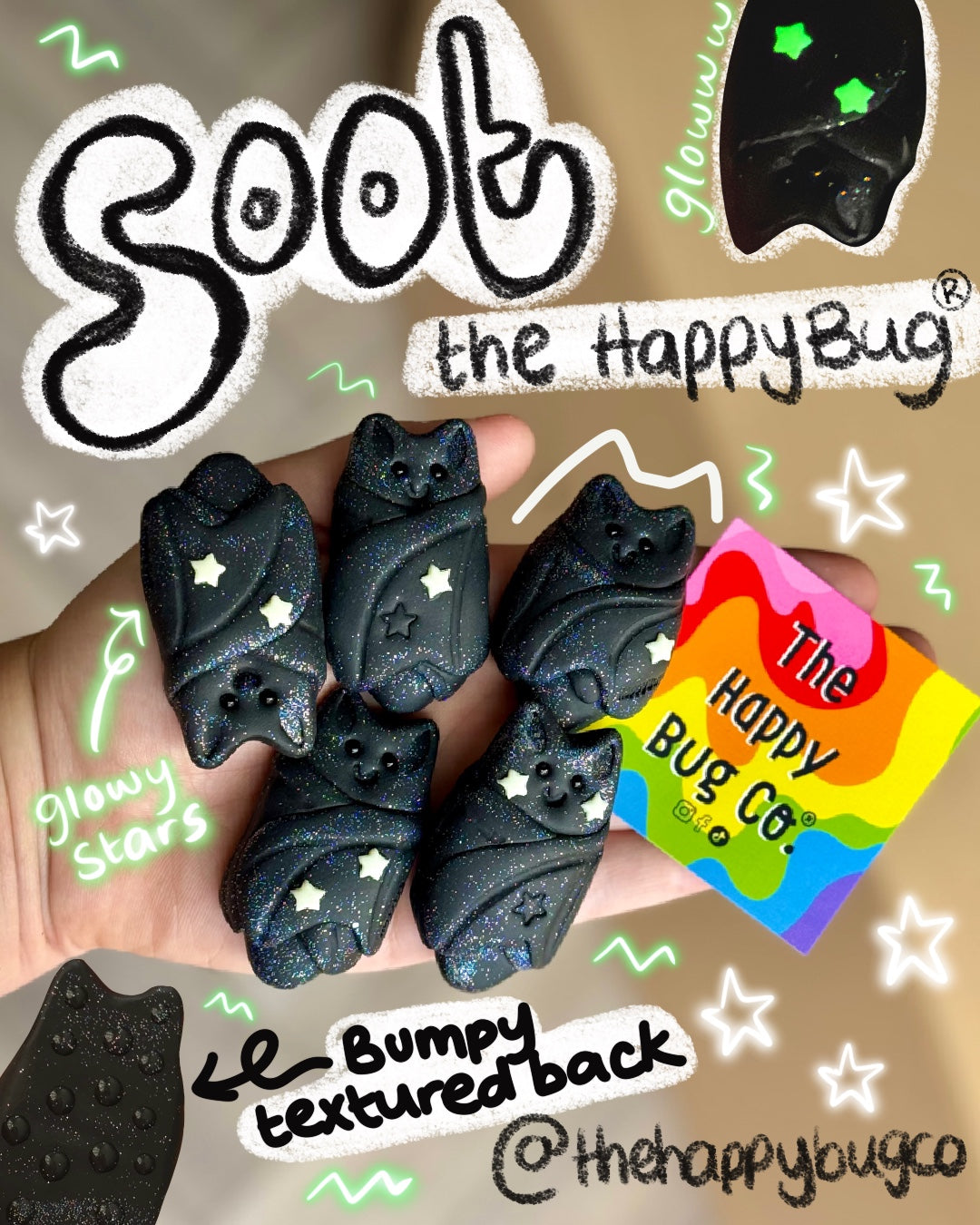 Soot the Bat Happy Bug (textured back & glow star)
